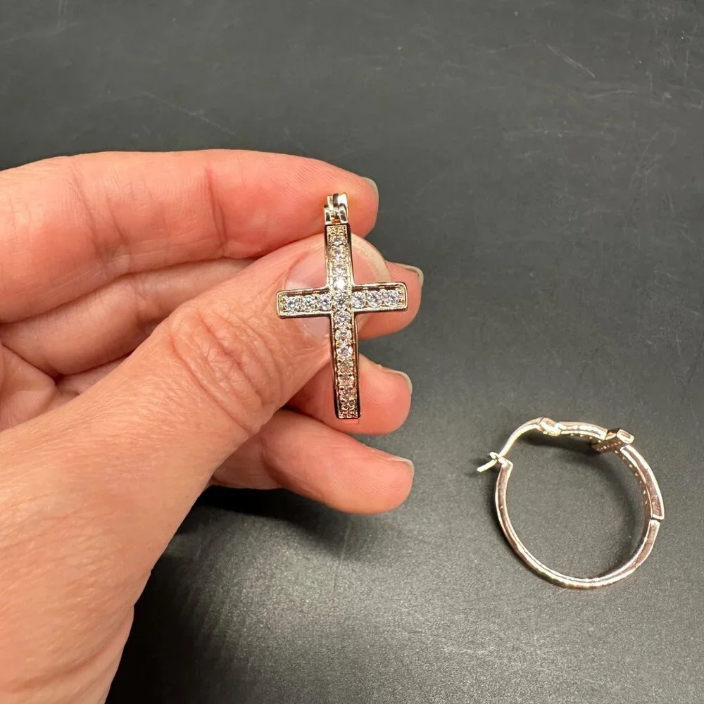 Cross Hoop Earrings Rose Gold Color Rhinestone Bling Jewelry Religious - Picture 6 of 7